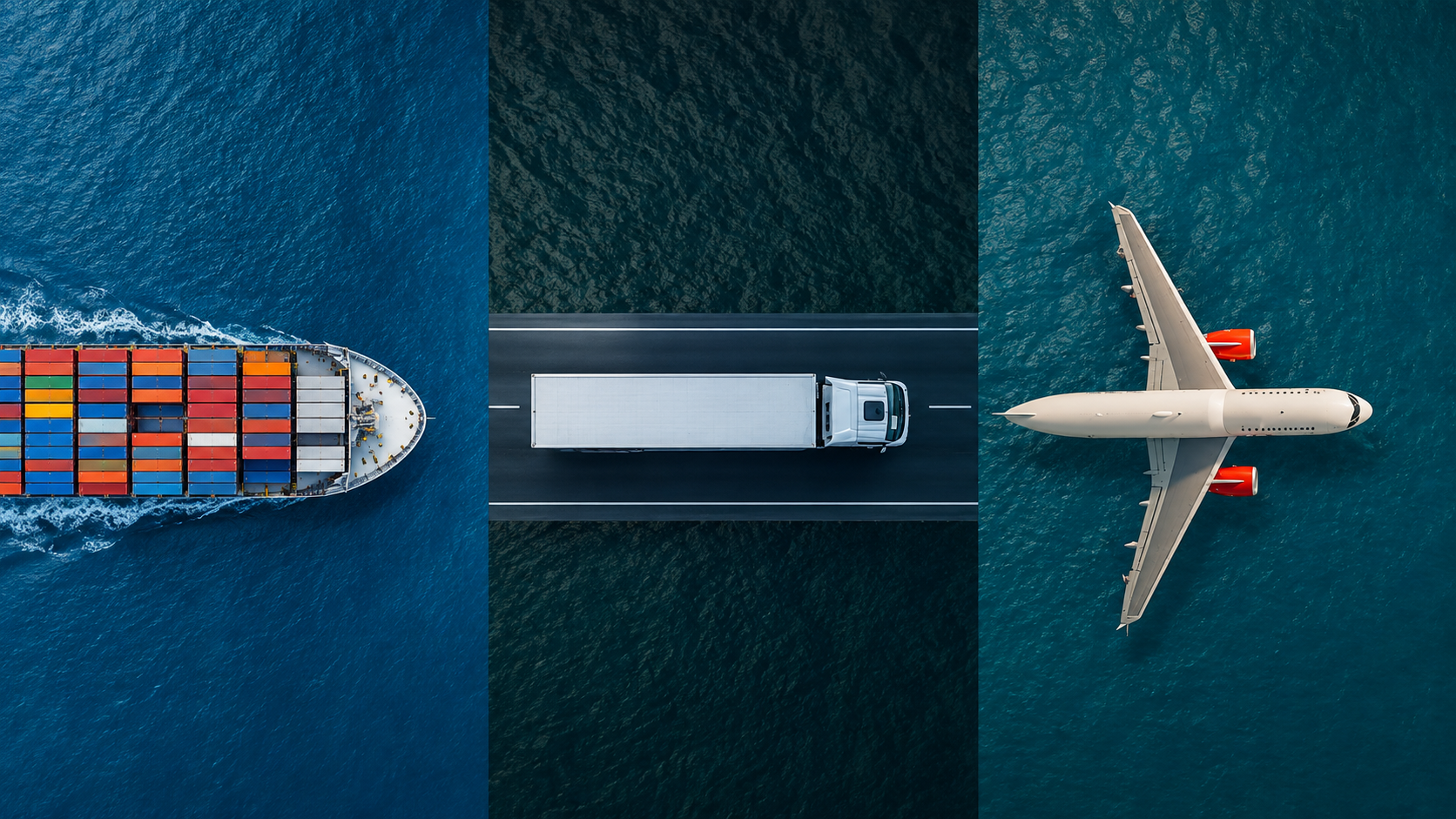 Container ship, truck and aircraft from above
