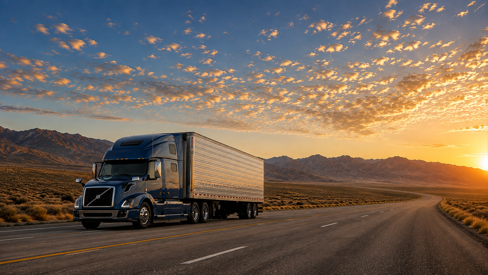 Blue rig on a desert highway at sunset